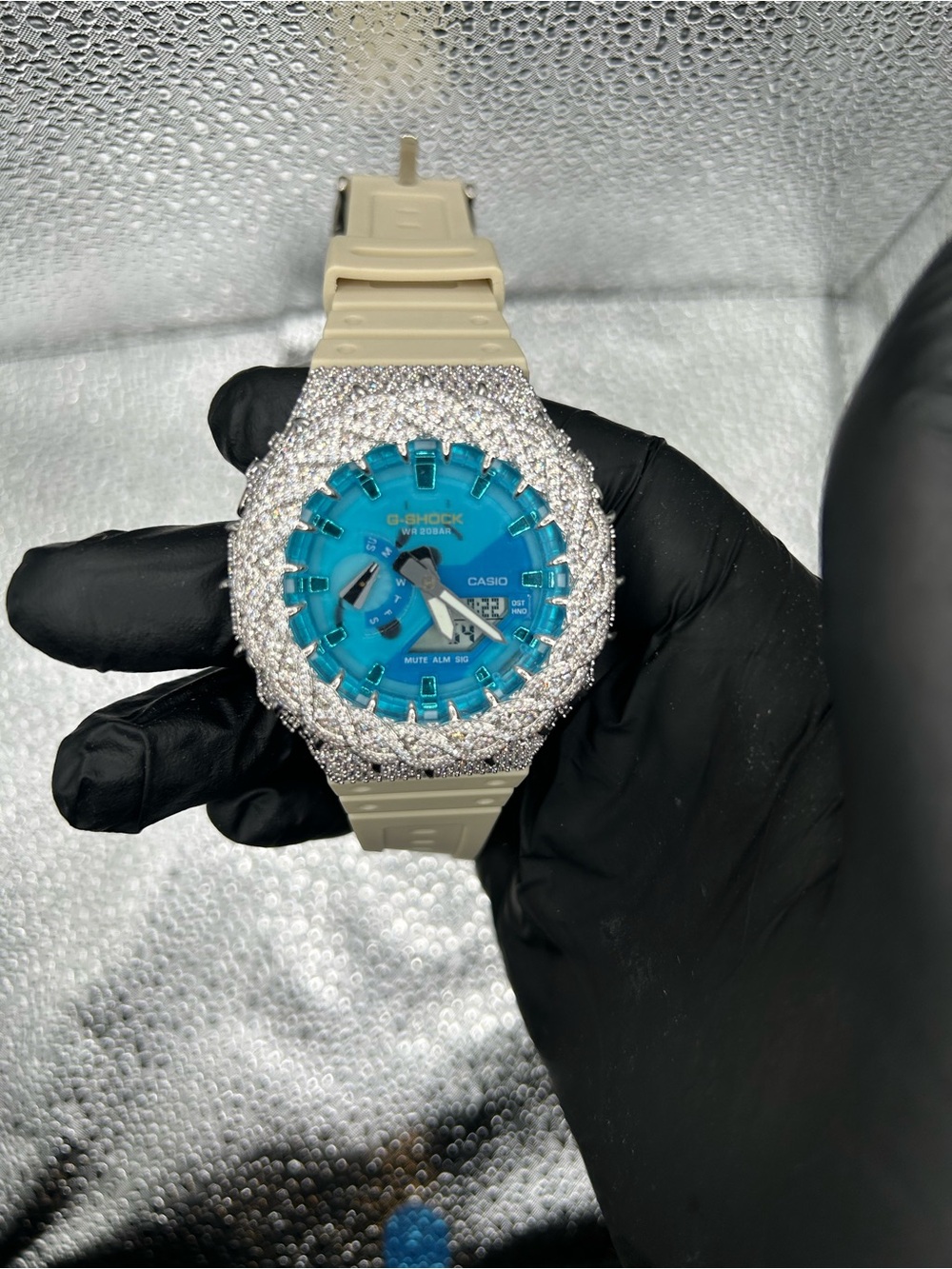 G-Shock Turquoise Dial Beige Strap Watch with Crystal Bezel